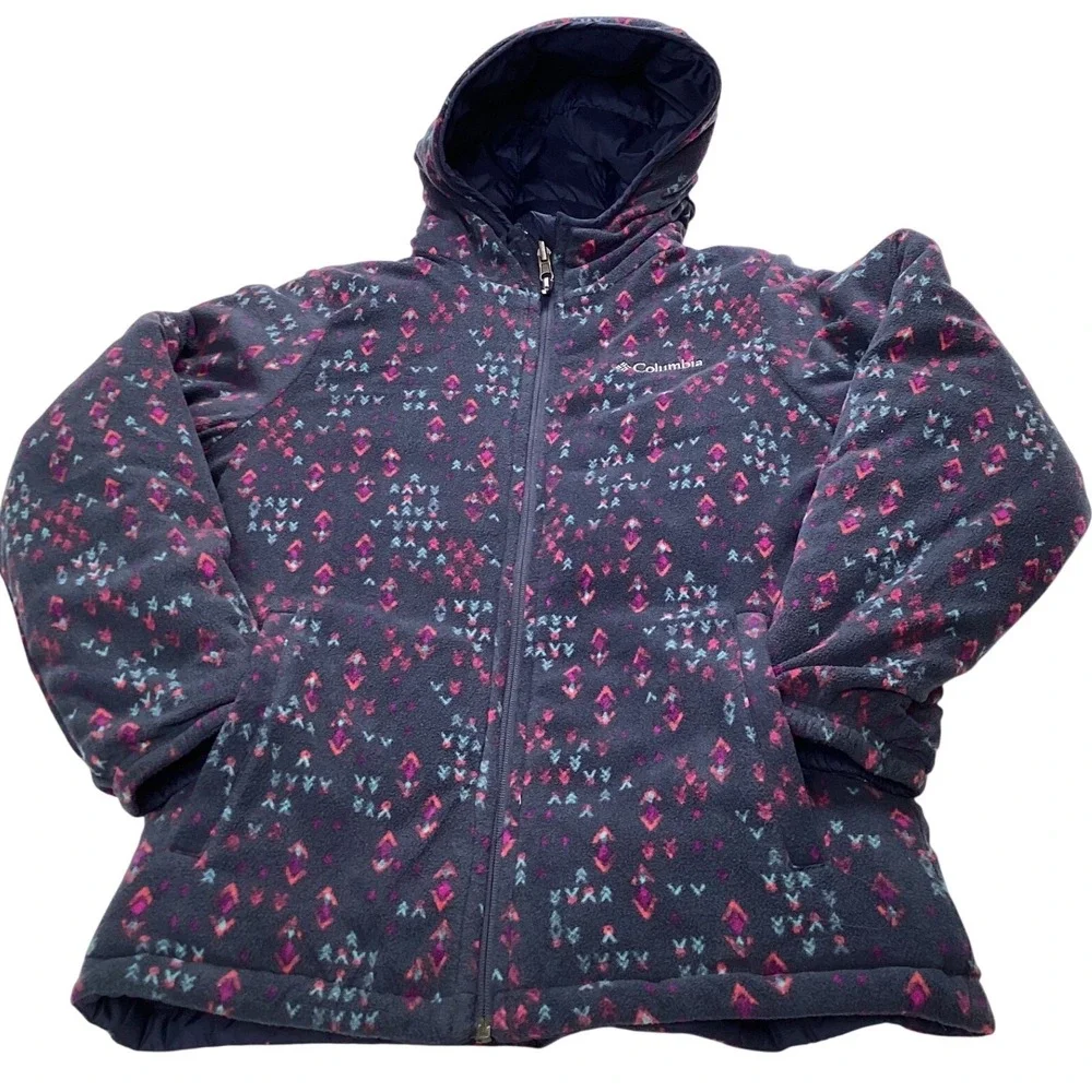 Columbia Reversible Puffer Jacket Girls L 14/16 Blue Pink Geometric Print Hooded